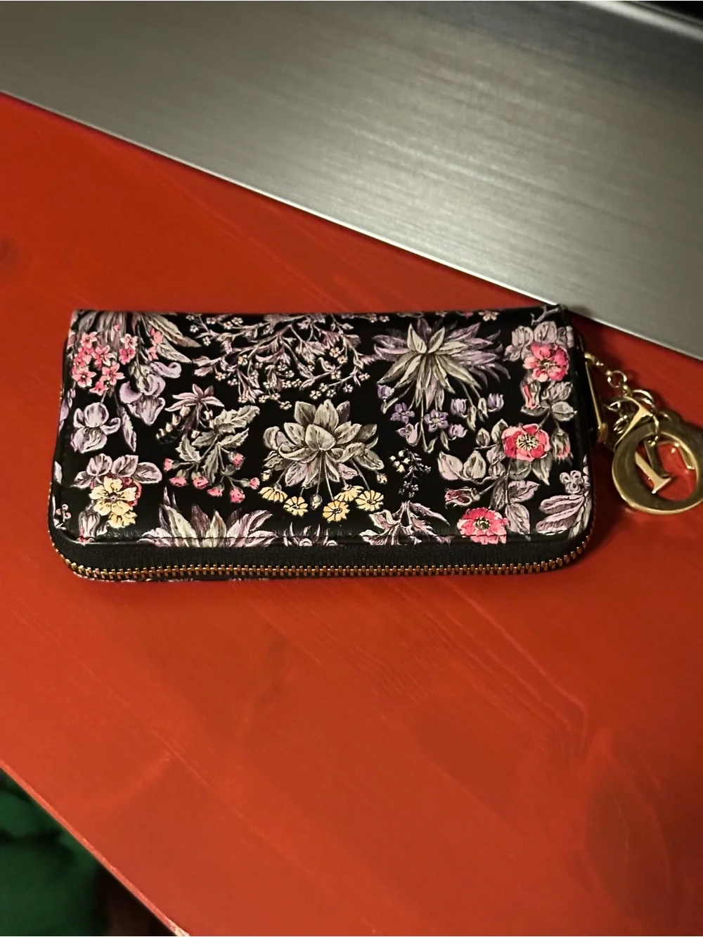 Dior Calfskin Millefiori Printed Lady Dior Zip Wallet Floral Black